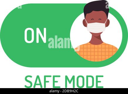 Face mask safe mode switch toggle. Flat vector illustration with character person avatar on face mask on green button. Stock Vector