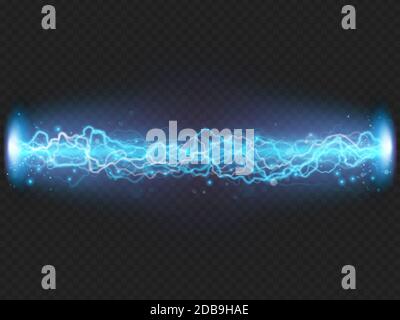 Lightning flash discharge of electricity on transparent background. Blue electrical visual effect. EPS 10 vector file Stock Photo