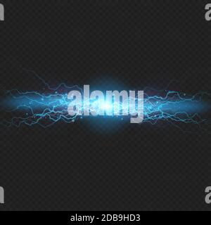 Lightning flash discharge of electricity on transparent background. Blue electrical visual effect. EPS 10 vector file Stock Photo