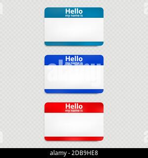 Set of red and blue hello name tag isolated on transparent background. Blank sticker with shadow effect. Element for web, print, advertising. EPS 10 v Stock Photo