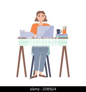 Girl workng at home. distance learning. Home office, freelance, lockdown, remote work,online education,quarantine concept. Stock vector illustration Stock Vector