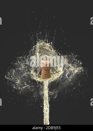 detail of the explosion of a cork of a bottle of champagne. Splashing wine on dark background. concept for celebration, party, holidays. 3d render ima Stock Photo