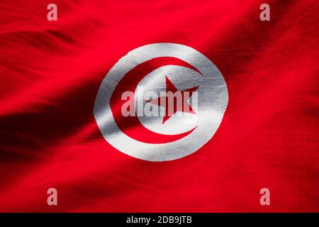 Closeup of Ruffled Tunisia Flag, Tunisia Flag Blowing in Wind Stock Photo