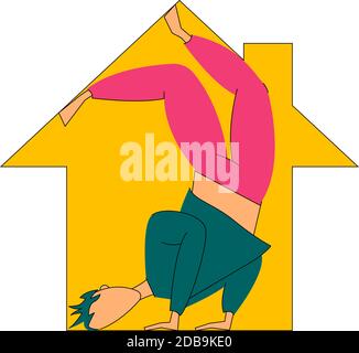 Boy keeping calm and workout at home at quarantine. Stock Vector