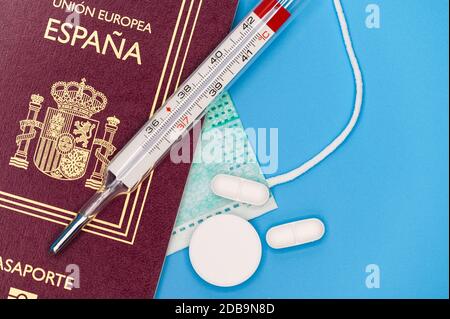 Spain travel restriction. Cancel the planned trip to Spain or restriction to Spanish travelers concept due to the spread of coronavirus infection. Qua Stock Photo