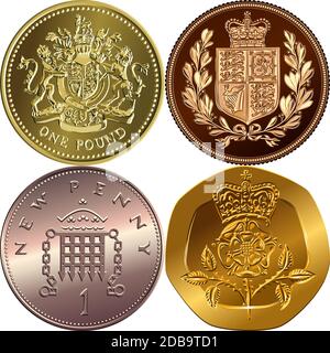 British money coins: gold one pound sterling, sovereign with coat of arms, bronze new one penny with portcullis, twenty pences with Crowned Rosa Tudor Stock Photo
