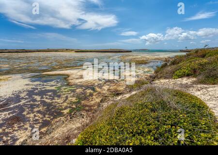 sand beach in Antsiranana in low tide, Diego Suarez bay landscape, Madagascar beautiful pure nature with blue water, Africa wilderness Stock Photo