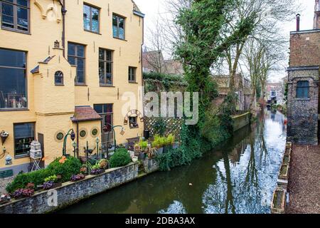 BRUGES, BELGIUM - MARCH, 2018: Canals of the historical and beautiful Bruges town in Belgium Stock Photo