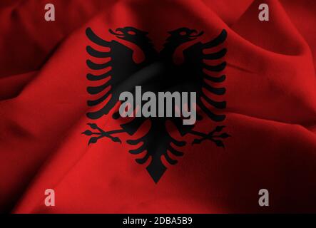 Ruffled Flag of Albania Blowing in Wind Stock Photo