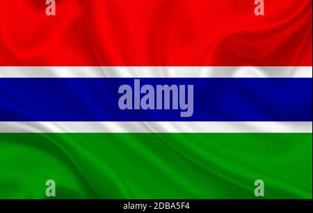 Gambia country flag on wavy silk fabric background panorama - illustration Stock Photo