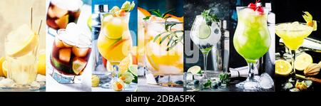 Alcoholic cocktails with strong drinks, soda, berries and fruit in assortment. Close-up. Photo collage Stock Photo