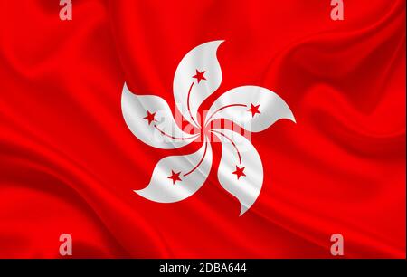 Hong Kong country flag on wavy silk fabric background panorama - illustration Stock Photo