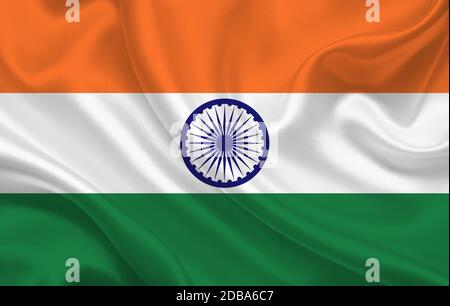 Flag of India country on wavy silk fabric background panorama - illustration Stock Photo