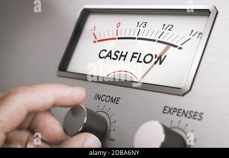 Man turning income knob to increase cash flow amount. Concept of good management of liquidities in a company. Composite image between a hand photograp Stock Photo
