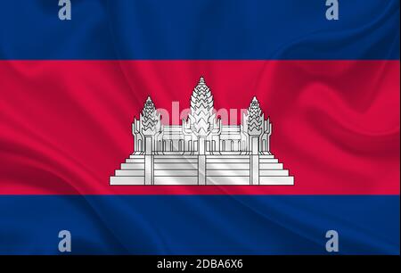 Cambodia country flag on wavy silk fabric background panorama - illustration Stock Photo