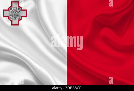 Malta country flag on wavy silk fabric background panorama - illustration Stock Photo