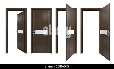 Modern set of dark brown wooden doors with matt glass stripe, isolated on white. Simple modern style of indoor entrance for minimalistic style interio Stock Photo