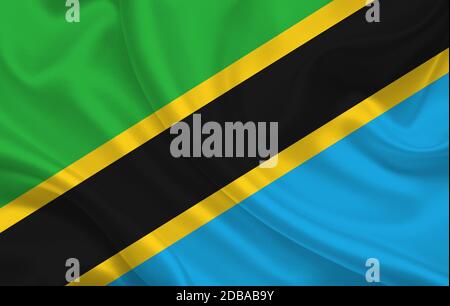 Tanzania country flag on wavy silk fabric background panorama - illustration Stock Photo