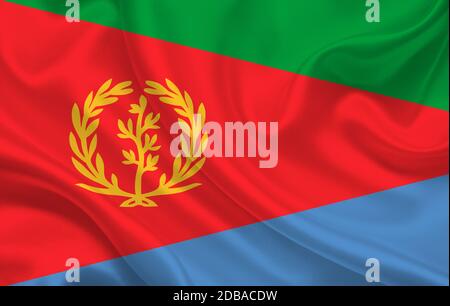 Eritrea country flag on wavy silk fabric background panorama - illustration Stock Photo