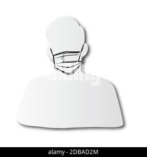 black line hand drawn of protective surgical mask on man face cut paper with shadow isolated on white background Stock Vector