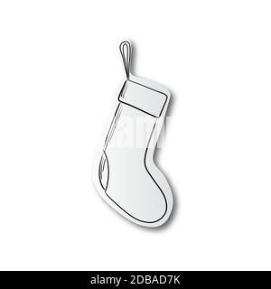 black line hand drawn of Christmas sock on cut paper with shadow isolated on white background Stock Vector