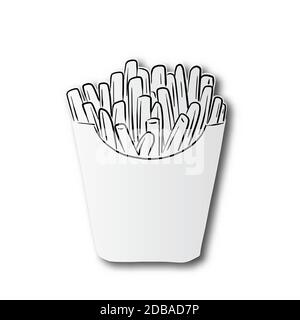 black line hand drawn of French fries on carton package box cut paper with shadow isolated on white background Stock Vector