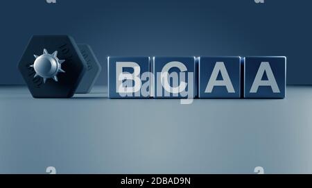 Blocks with the Letters BCAA and a dumbbell on a blue background with space for text or your product, 3d rendering Stock Photo