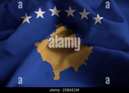 Closeup of Ruffled Kosovo Flag, Kosovo Flag Blowing in Wind Stock Photo