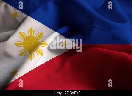 Closeup of Ruffled Philippines Flag, Philippines Flag Blowing in Wind Stock Photo