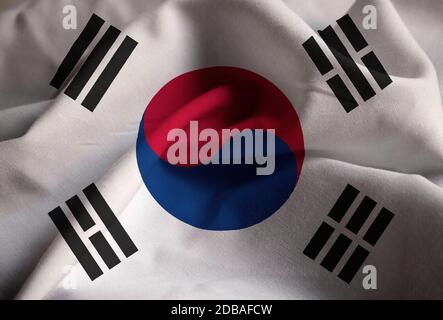 Closeup of Ruffled South Korea Flag, South Korea Flag Blowing in Wind Stock Photo