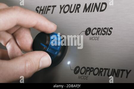 Man turning a knob to turn crisis into an opportunity. Composite image between a hand photography and a 3D background. Stock Photo