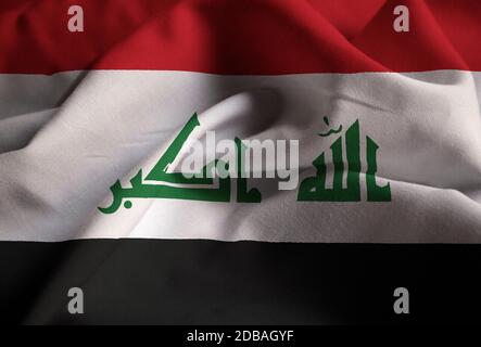 Closeup of Ruffled Iraq Flag, Iraq Flag Blowing in Wind Stock Photo