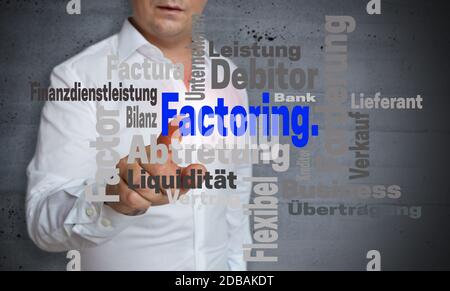 Factoring wordcloud touchscreen is operated by man. Stock Photo