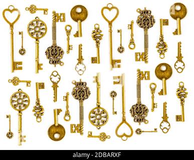 Vintage Keys Collection Isolated On White Background Stock Photo
