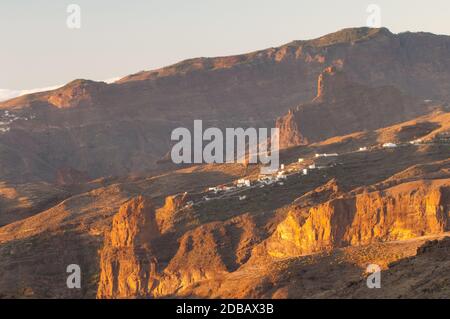 Village of El Toscon and Roque Bentaiga. The Nublo Rural Park. Gran Canaria. Spain. Stock Photo