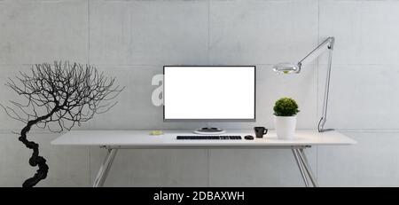 Computer monitor on office table with plant, desk lamp, coffee cup and concrete wall realistic 3D rendering Stock Photo