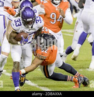 Chicago Bears outside linebacker Khalil Mack (52) celebrates after sacking  Las Vegas Raiders qu …