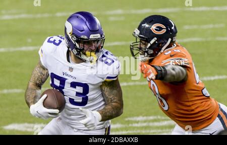 Chicago, United States. 16th Nov, 2020. Minnesota Vikings tight end Tyler Conklin (83) is tackled by Chicago Bears inside linebacker Roquan Smith (58) during the second quarter at Soldier Field in Chicago on Monday, November 16, 2020. Photo by Mark Black/UPI Credit: UPI/Alamy Live News Stock Photo