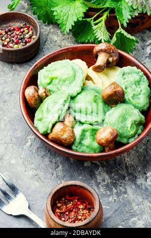 Appetizing Italian ravioli cooked with nettles and spinach Stock Photo