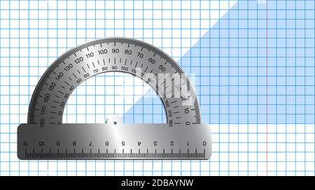 metal protractor on notebook sheet. School measuring instruments. School teaching, drawing, geometry. Vector Stock Vector