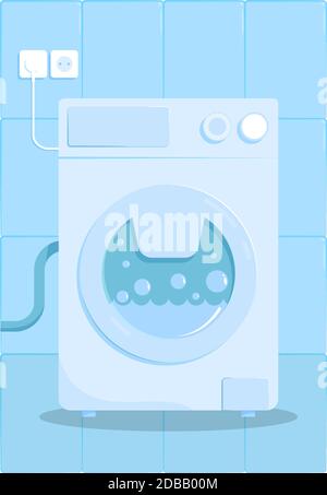 modern washing machine in flat style with shadow in bathroom. Household appliances. Isolated vector Stock Vector