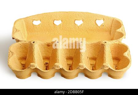 From above open cardboard egg tray isolated on white background Stock Photo