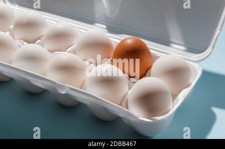 Eggs in carton on blue background Stock Photo