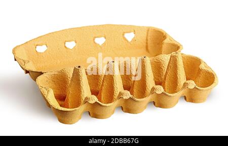 Open cardboard egg tray isolated on white background Stock Photo