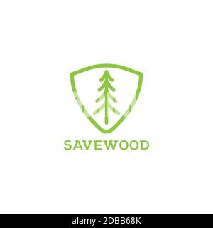 Save wood illustration logo design vector template.Shield with tree symbol Stock Vector