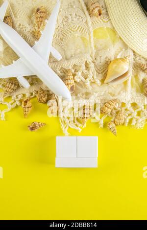 Straw hat, coconut, starfish and shells on white fine sand. Shadow from ...