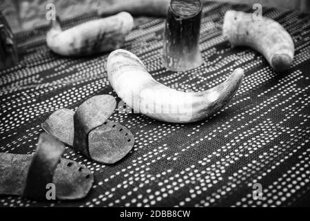 Medieval horns prepared and decorated, ancient viking tradition Stock Photo