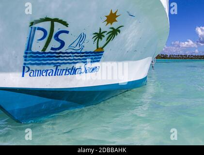 Punta Cana, DO - February 29, 2016: A closeup of a tourist boat in use by Palmera Turistica Saona tourism company in the Dominican Republic. Stock Photo