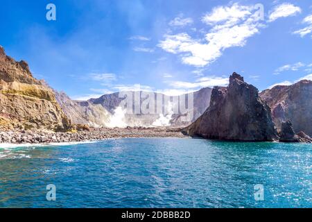 Active Volcano at White Island New Zealand. Volcanic Sulfur Crater Lake Stock Photo