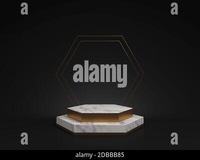 3d rendering of white marble pedestal isolated on black background, hexagon gold frame, memorial board, hexagon steps, abstract minimal concept, blank Stock Photo